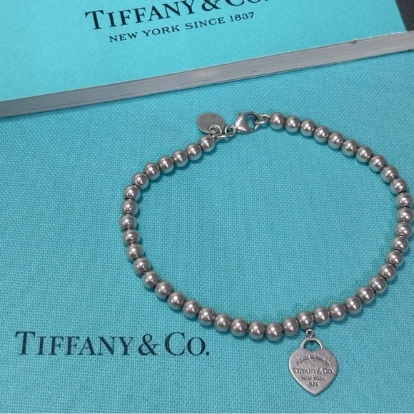 Authentic Tiffany & Co 4mm Bead Bracelet w/ Silver Mini Heart Charm - Picture 10 of 10